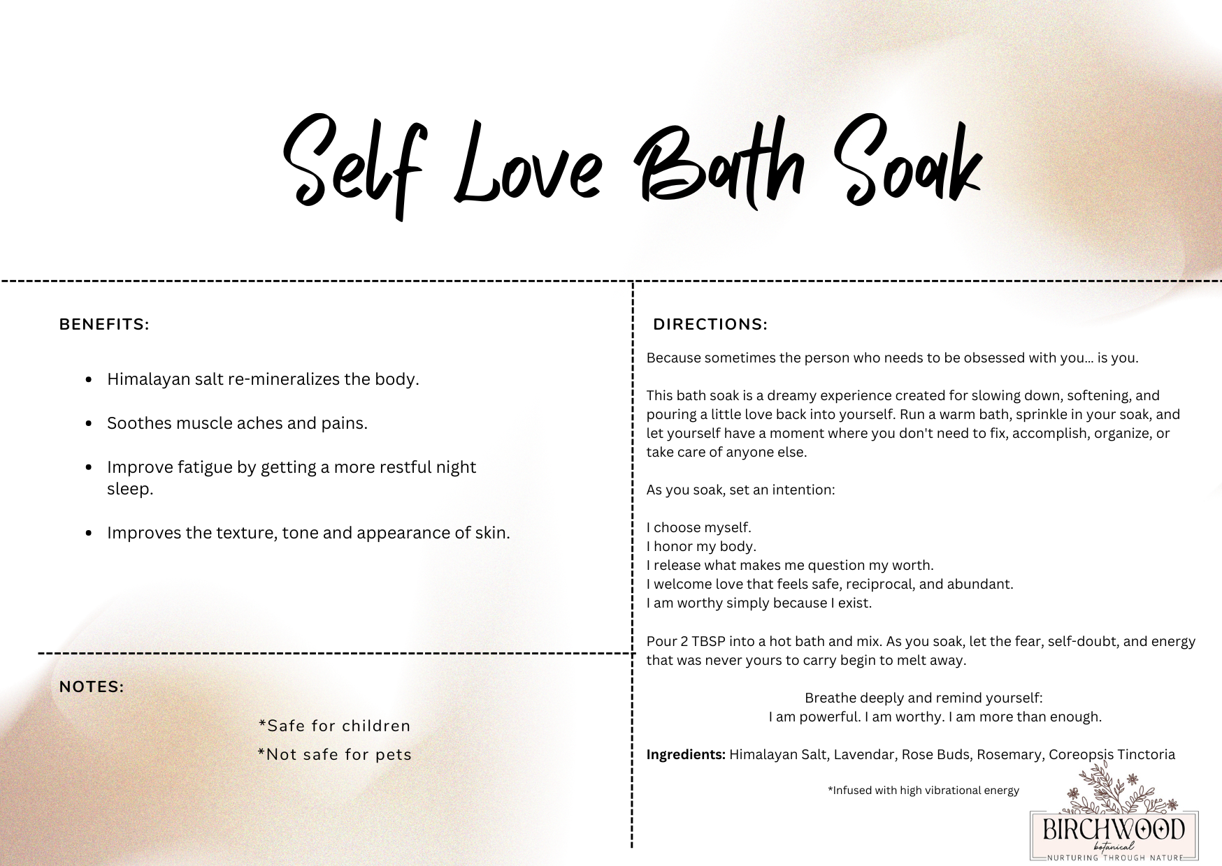 Birchwood Botanical Self Love Bath Soak Label
