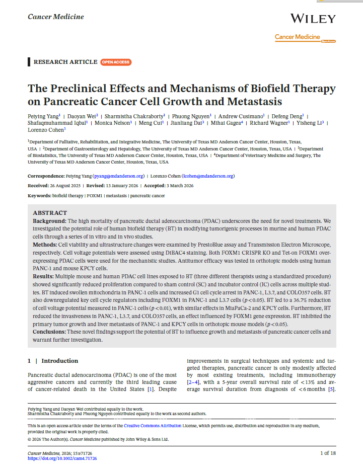 The Preclinical Effects and Mechanisms of Biofield Therapy on Pancreatic Cancer Cell Growth and Metastasis